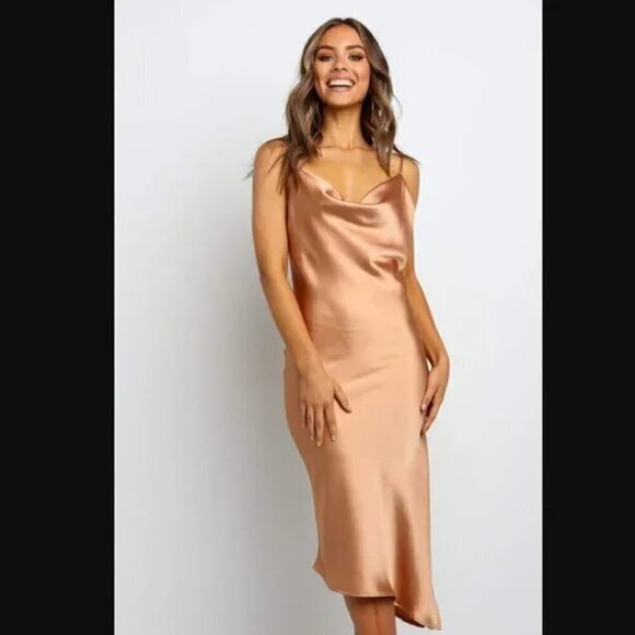 Petal & Pup Cyprus Gold Satin Midi Asymmetrical Hem Dress 0 - Picture 7 of 13